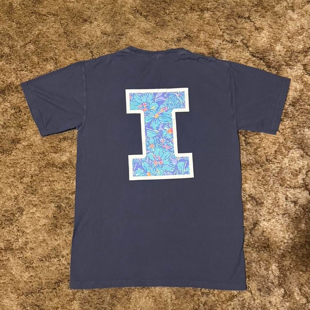 University of Illinois Fighting Illini Floral Block I Tee Navy Blue Small